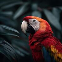 Colorful parrot perched among tropical foliage in a lush environment photo