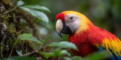 Scarlet macaw perched among foliage in a tropical rainforest environment photo