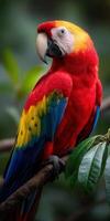 Vibrant scarlet macaw perched on a branch surrounded by lush greenery photo