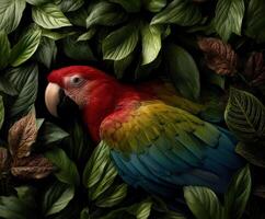 Vibrant parrot resting amidst lush green leaves in a quiet setting photo