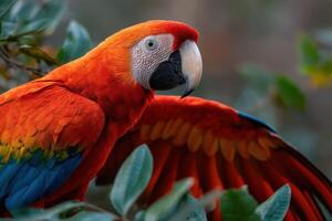 Vibrant scarlet macaw perched among lush foliage in a tropical setting photo