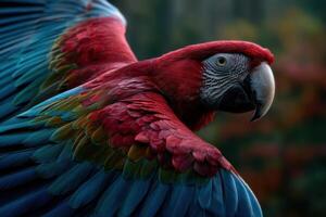 Brightly colored parrot displaying feathers in a lush forest setting photo