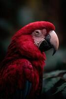 Vibrant red parrot perched gracefully in a lush forest setting photo
