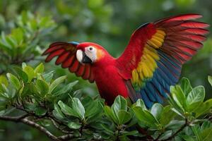 Colorful macaw perched on branches with wings spread in a tropical forest photo