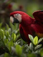 Bright red parrot perched among green foliage in a tropical setting photo