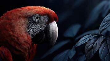 Bright red parrot perched amid dark leaves in a tropical setting photo