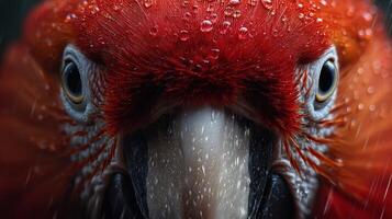 Colorful macaw with rain droplets perched in tropical setting photo