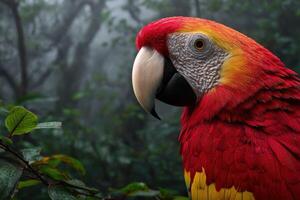 Bright macaw in a lush tropical forest during early morning mist photo
