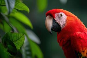 Vibrant scarlet macaw perched among lush green foliage in tropical setting photo