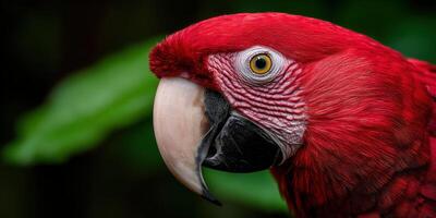 Close-up view of a vibrant red parrot in a lush tropical setting photo