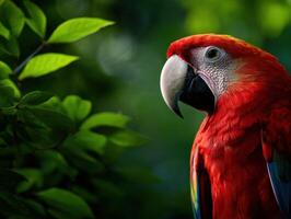 Brightly colored parrot perched among lush green foliage in a serene setting photo