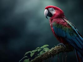 Colorful macaw perched on a branch amidst lush surroundings in the jungle photo