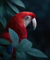 Bright red parrot perched among tropical foliage in a lush forest setting photo