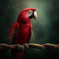 Vibrant red macaw perched on a branch in a lush forest setting photo