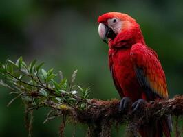 Bright red parrot perched on a mossy branch in a lush rainforest photo