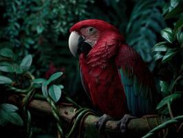 Vibrant red parrot perched on a branch surrounded by lush greenery photo