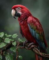 Bright red macaw perched on a branch with lush green leaves in nature photo