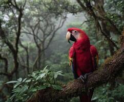Colorful macaw perched on a mossy branch in a lush rainforest setting photo