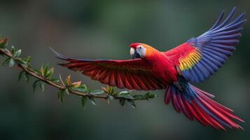 Colorful macaw in flight showcasing its vibrant plumage in a natural setting photo