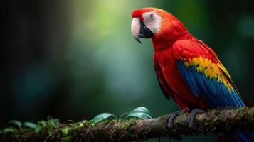Vibrant macaw perched on a branch in lush rainforest environment photo
