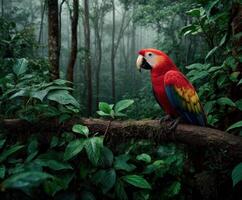 Scarlet macaw perched on branch in lush tropical rainforest photo