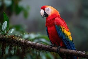 Vibrant scarlet macaw perched on a branch in a tropical rainforest photo