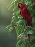 Scarlet macaw perched among lush green leaves in tropical setting at dawn photo