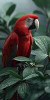 Vibrant red parrot perched on lush green leaves in dense foliage setting photo