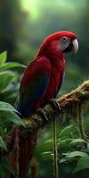 Colorful parrot perched on a mossy branch in a lush tropical forest setting photo