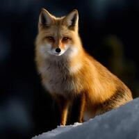 Majestic fox standing on snow during winter twilight in a serene wilderness photo