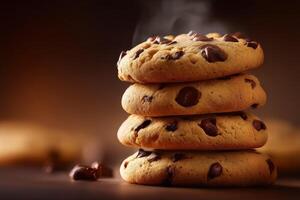 Warm chocolate chip cookies stacked on a wooden surface ready to be enjoyed photo