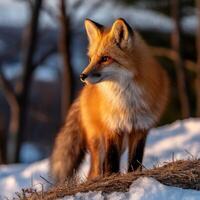 Majestic red fox standing on snow-covered ground at sunset by the forest photo