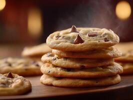 Freshly baked chocolate chip cookies stacked on a wooden plate in warm light photo