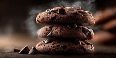 Deliciously warm chocolate chip cookies stacked on a wooden table photo