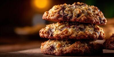 Deliciously baked chocolate chip cookies stacked for a tempting dessert treat photo