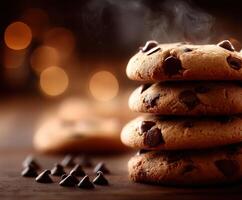 Warm chocolate chip cookies stacked with chocolate pieces and steam rising photo
