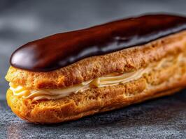 Delicious eclair with chocolate glaze on a textured surface photo