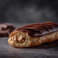 Delicious chocolate dessert with rich filling on a dark background photo