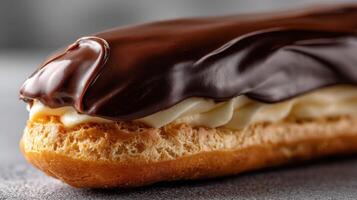 Delicious chocolate eclair with cream filling on a gray background photo