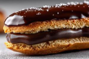 Decadent chocolate eclair showcasing rich filling and glossy glaze photo