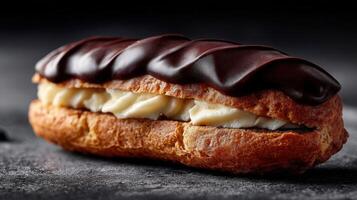 Delicious chocolate eclair displayed on a dark countertop photo