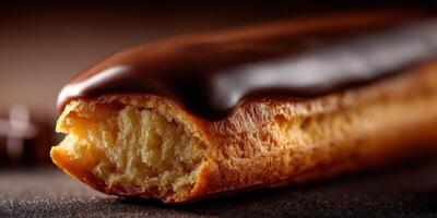 Delicious chocolate-covered pastry with a golden interior on a dark surface photo