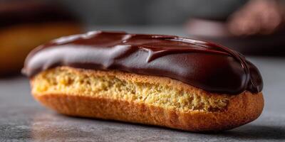 Decadent chocolate eclair on marble surface ready for dessert lovers photo