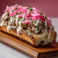 Delicious meatball sub served on toasted bread with toppings in a cozy setting photo