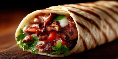 Delicious grilled wrap filled with juicy meat and fresh vegetables for a tasty meal photo