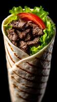 Sizzling beef wrap with fresh vegetables in a grilled tortilla photo