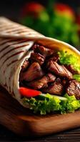 Delicious grilled beef wrap with fresh vegetables served on wooden board photo