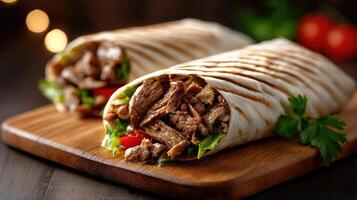 Delicious grilled steak wraps with fresh vegetables on a wooden board photo