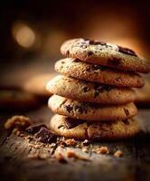 Delicious chocolate chip cookies stacked on rustic wooden table in warm light photo