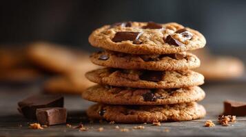 A stack of chocolate chip cookies with chocolate chips photo